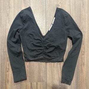 Urban Outfitters Black Long Sleeve Deep V Lace Trim Ruched Crop Top Size Small